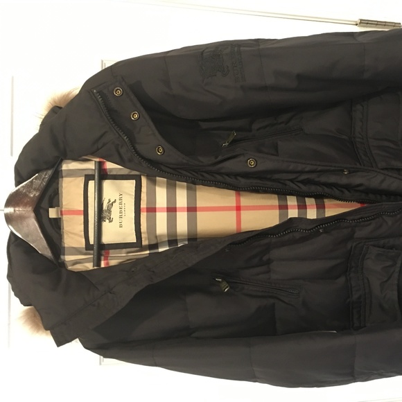 Black Nylon Puffer Jacket W Fox Burberry nylon jacket with check trim